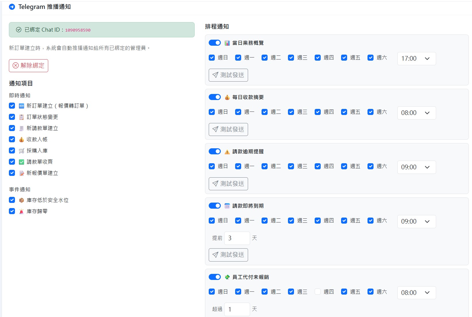 Telegram 推播通知設定畫面：即時通知項目與排程通知時間設定